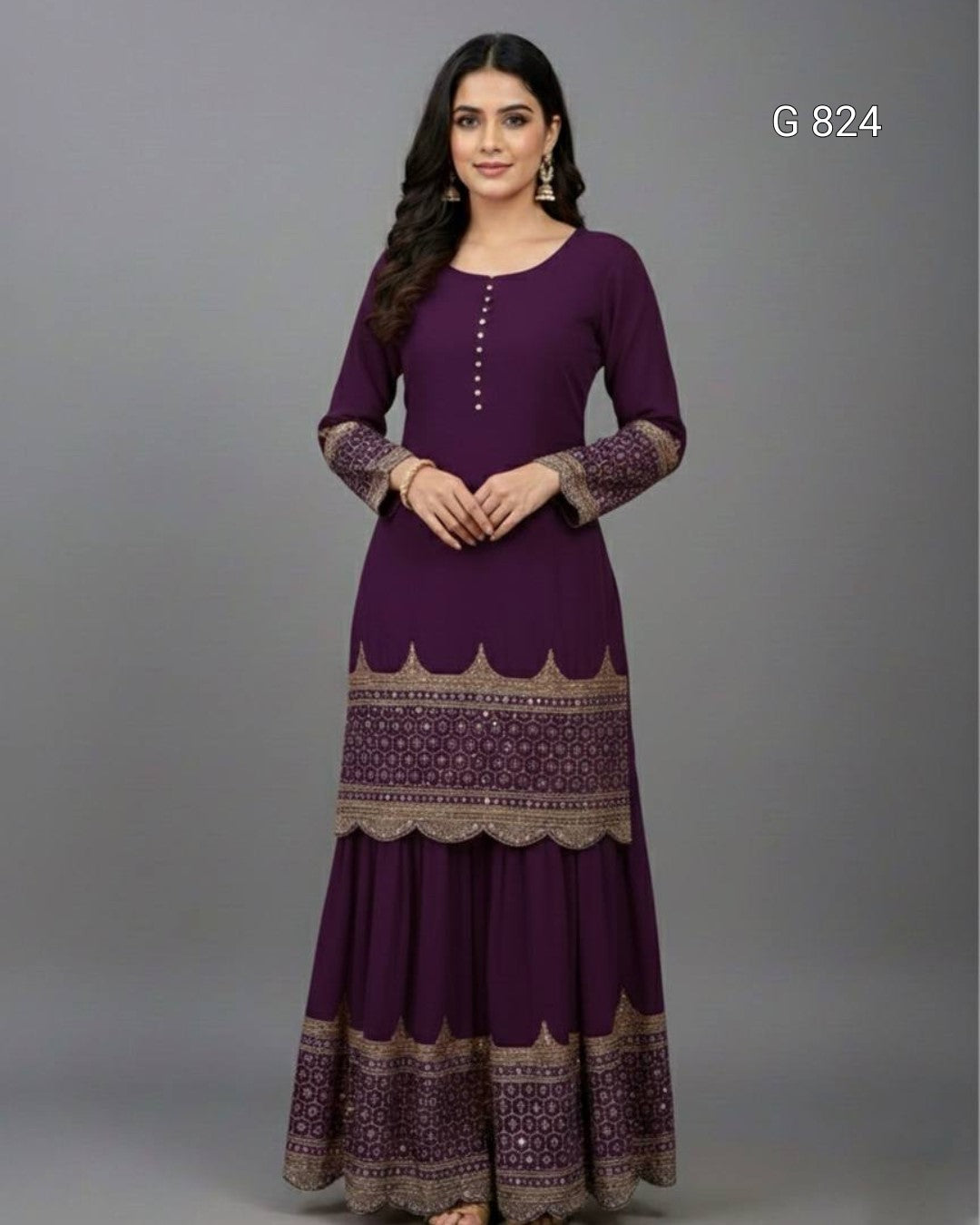 Woman wearing a purple dress with intricate patterns on a gray background