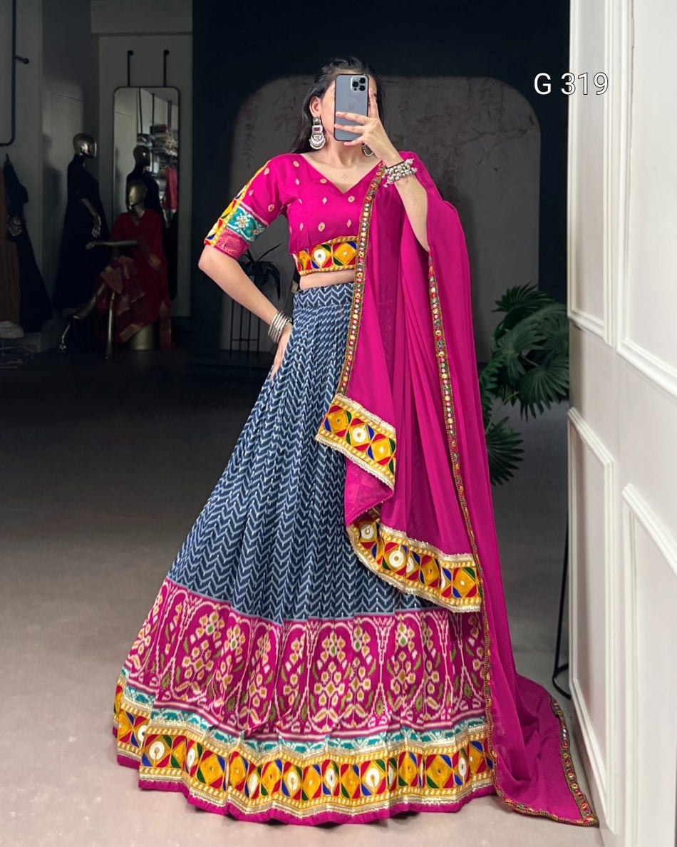 Tasar Silk Lehenga with Foil & Real Mirror Gamthi Work – G319