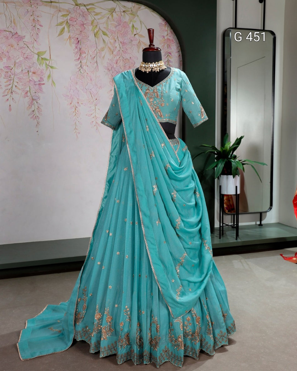 Elegant Aqua Lehenga with Sequins and Thread Work - G 451