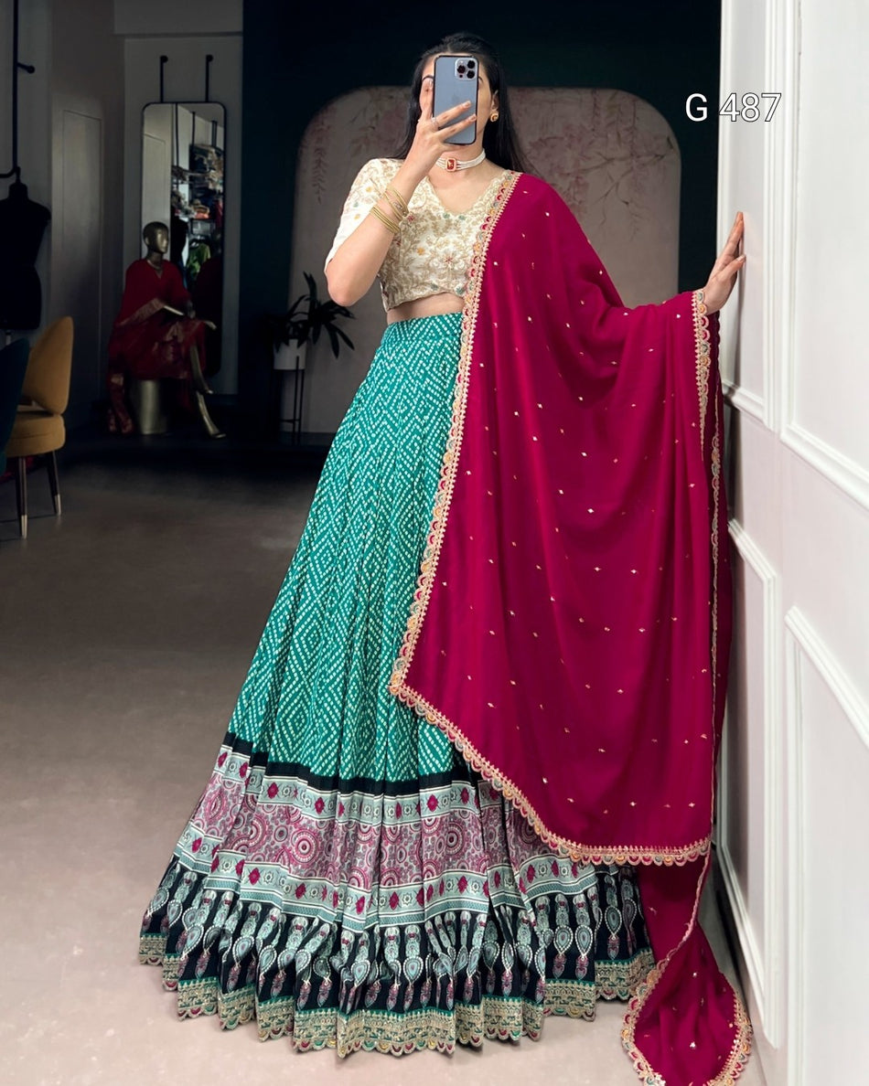 Classic Bandhej Ajrakh Lehenga with Elegant Detailing - G 487