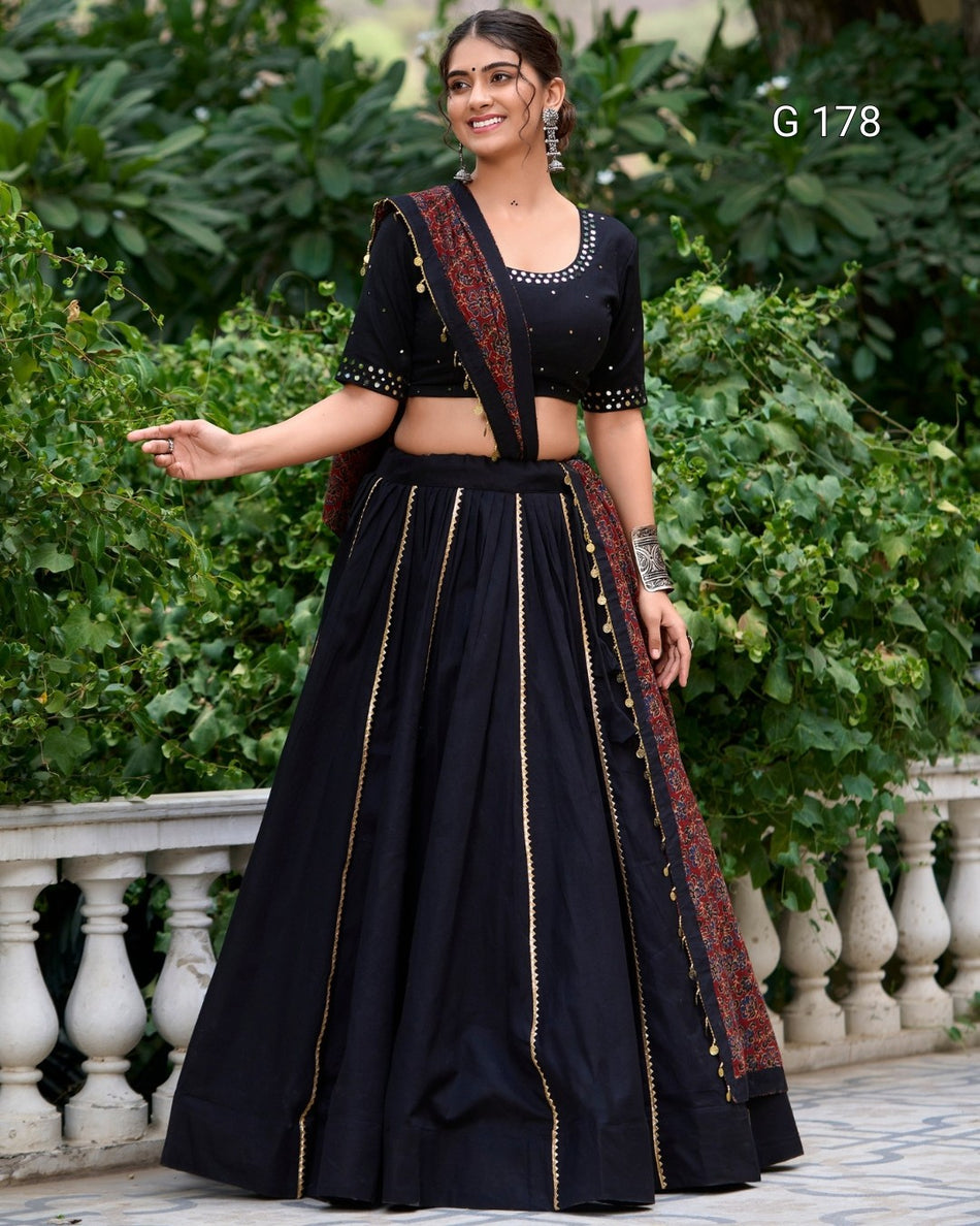Pure Cotton Lehenga with Gota Patti Touch-Up & Real Mirror Work, Coin Lace Border Dupatta – G 178