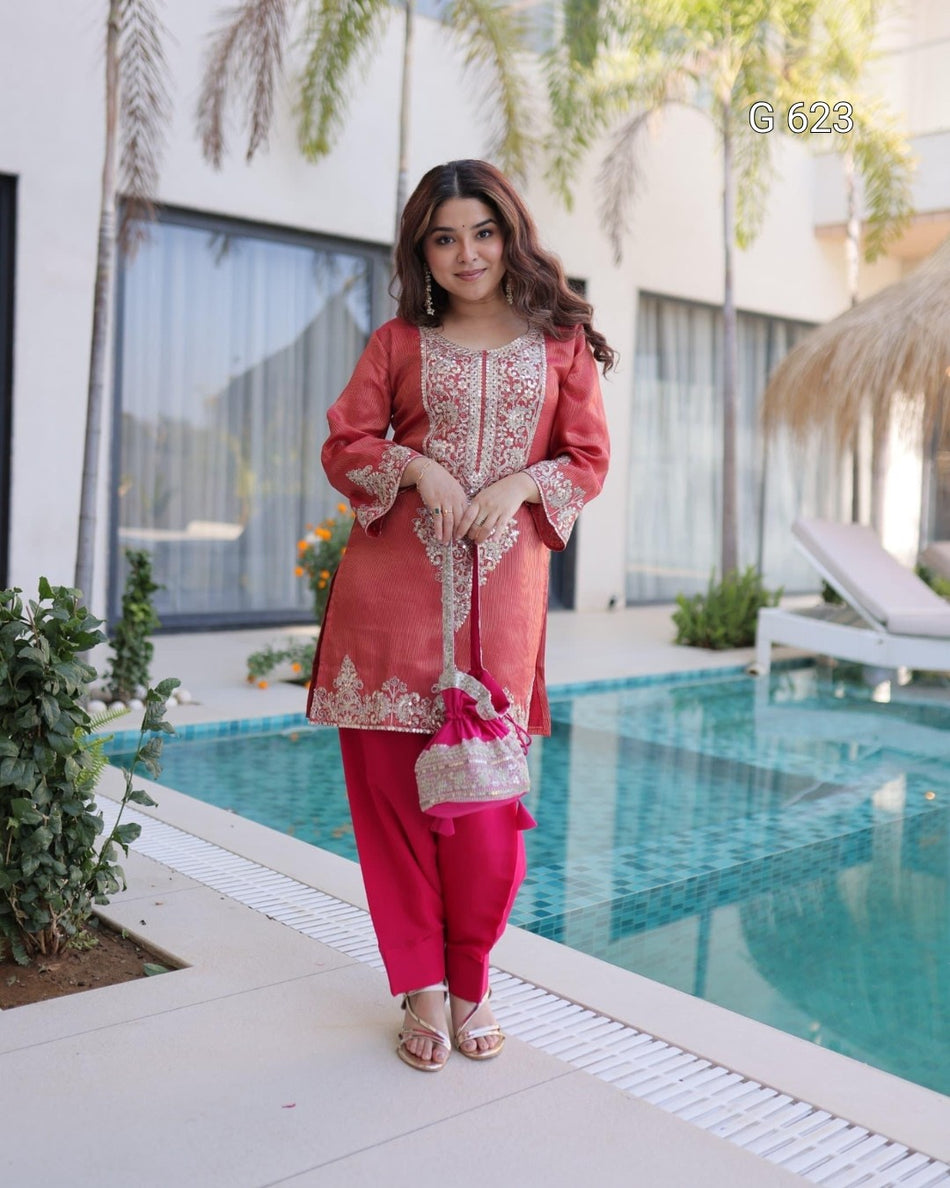 Sequins Embroidered Festive Top Pant Set - G 623