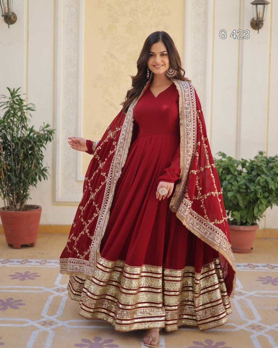 Faux Blooming Embroidered Gown with Sequins Dupatta – G 423