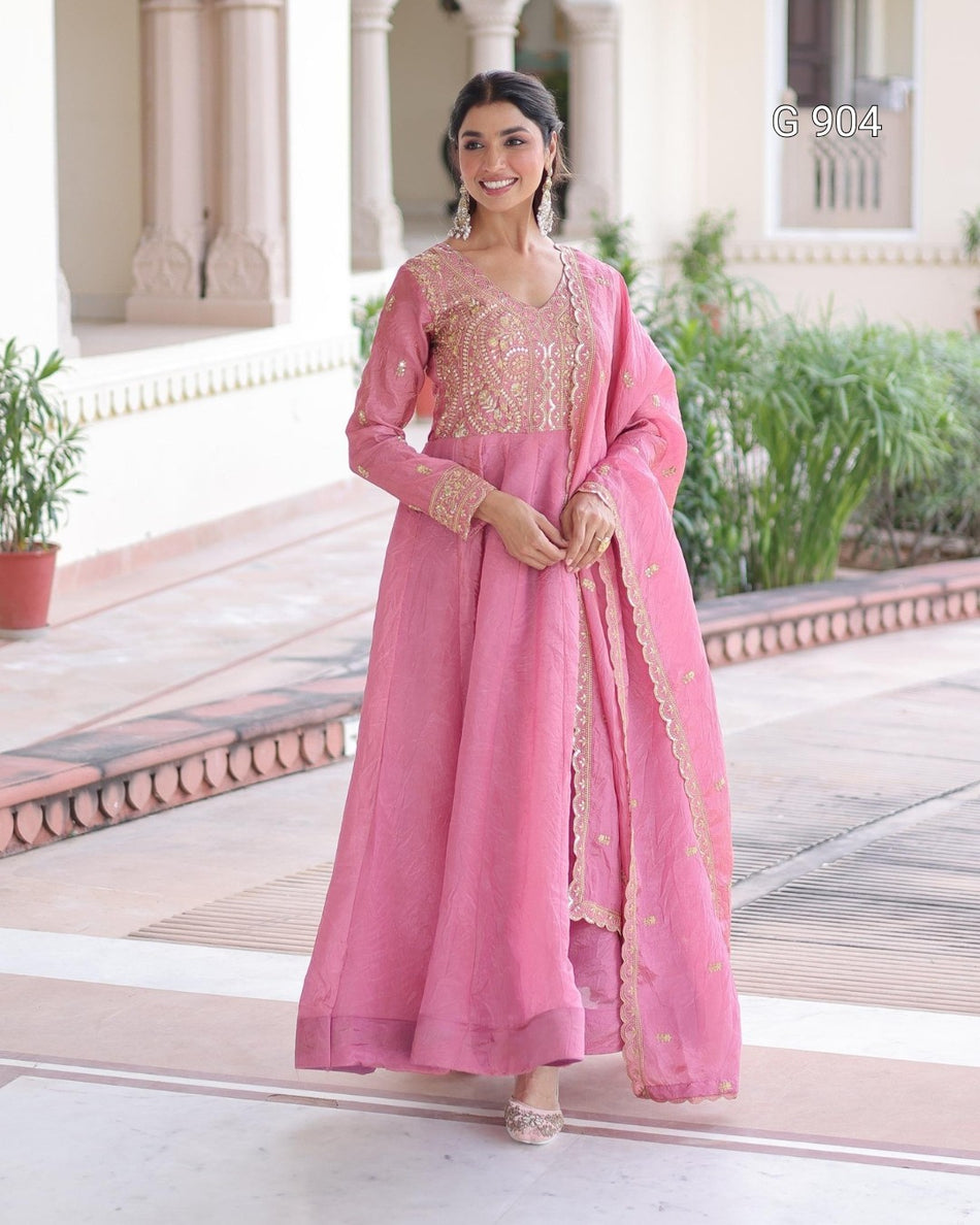 Premium Gold Crush Gown Dupatta Set - G 904