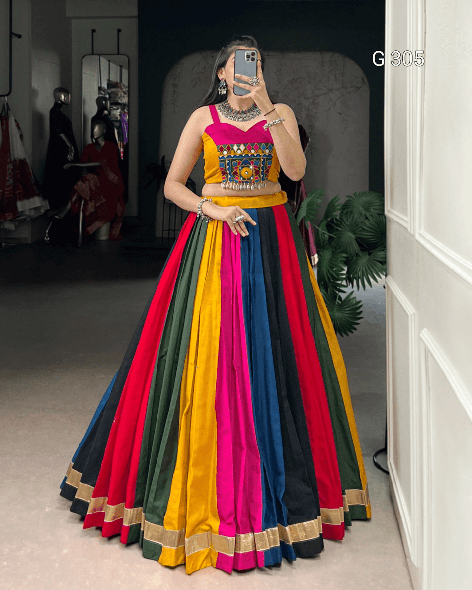 Multi-Coloured Pure Cotton Lehenga with Mirror & Lace Work – G 305