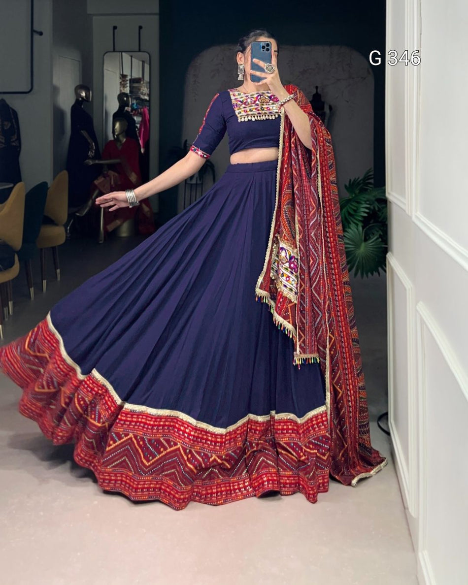 Navy Blue Pure Rayon Lehenga with Bandhej Print & Foil Work - G346