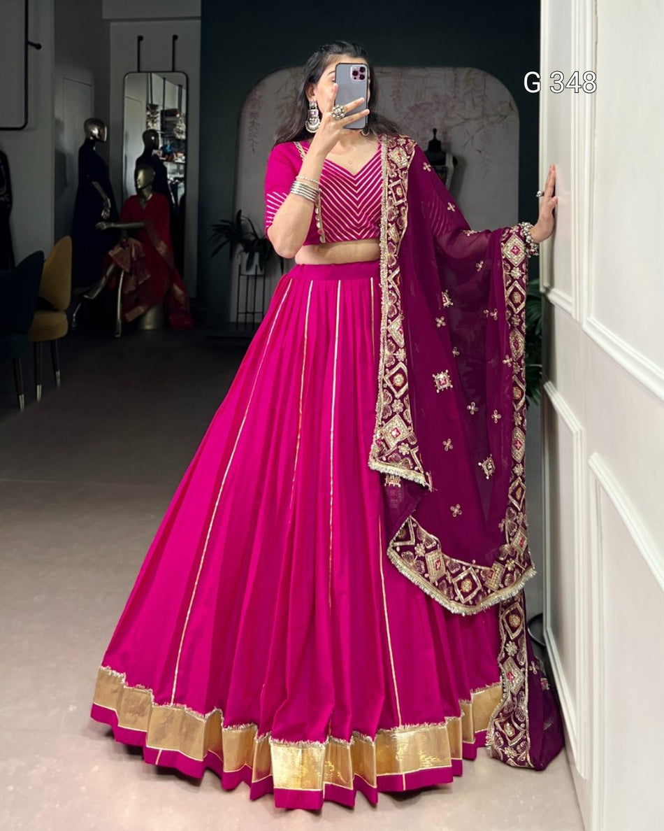 Pink Cotton Lehenga with Lace & Mirror Work - G348