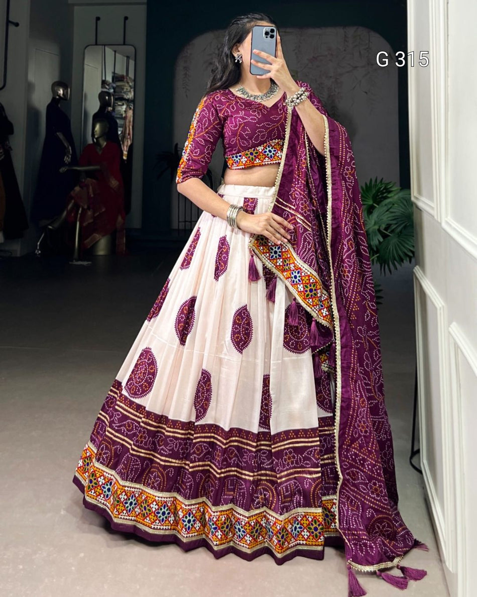 Bandhej Print Tasar Silk Lehenga with Gamthi Work – G315