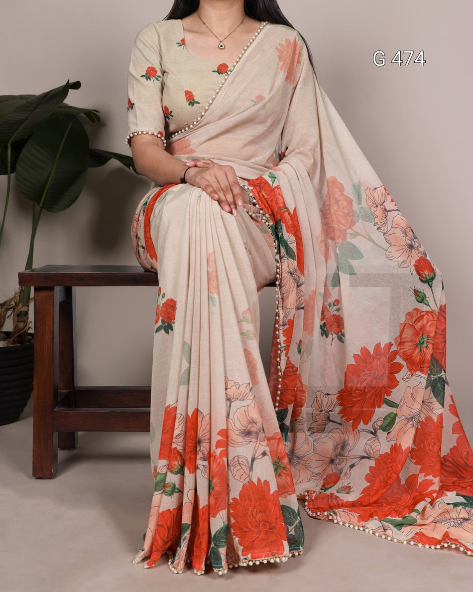 Premium Marble Printed Sarees with Elegant Lace - G 474