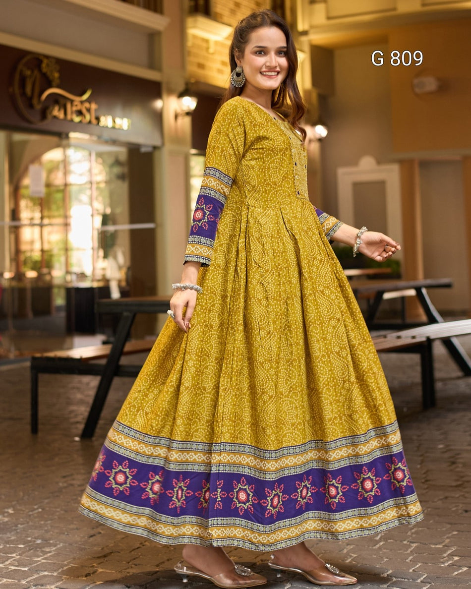 Printed Rayon Anarkali Dress with Elegant Embroidery G 809