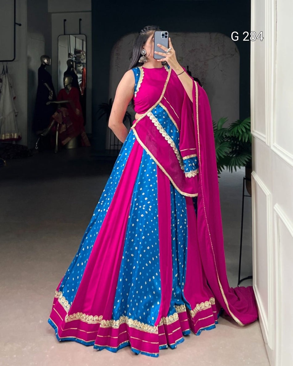 Bandhej Print Tasar Silk Lehenga with Lace Touch Up – G 284