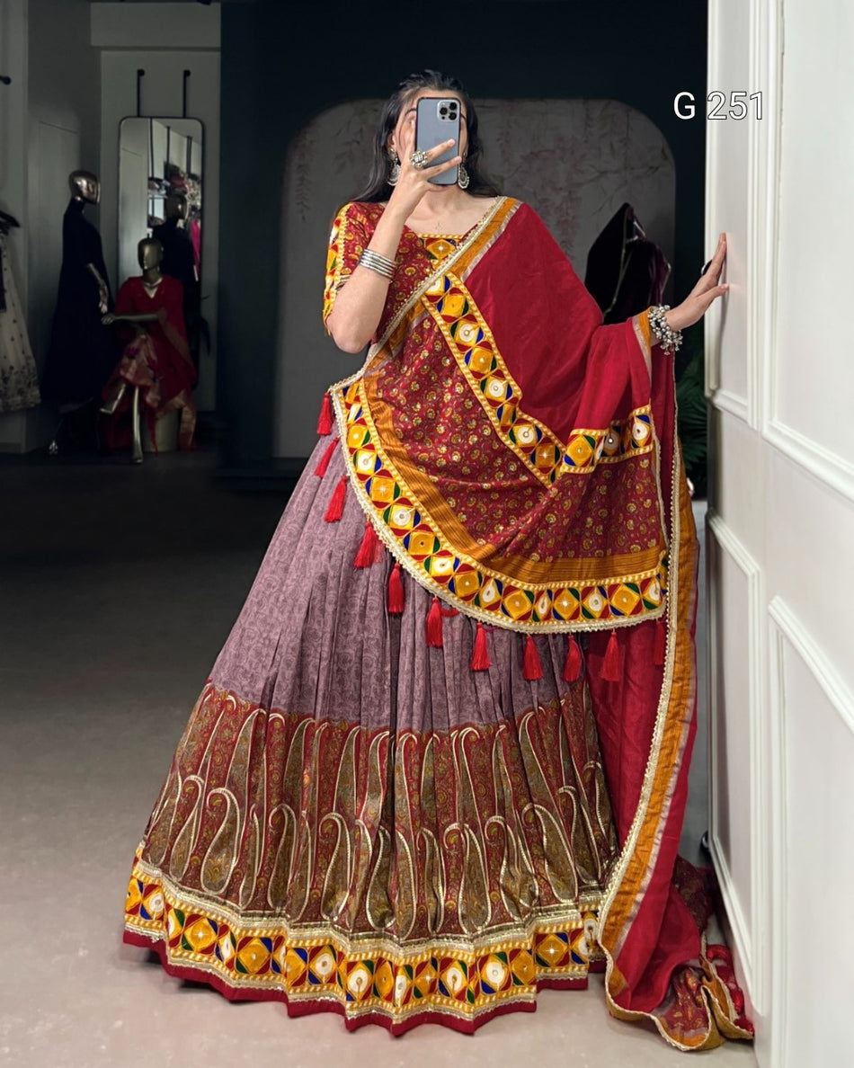 Kashmiri Print & Mirror Gamthi Work Tasar Silk Lehenga – G 251