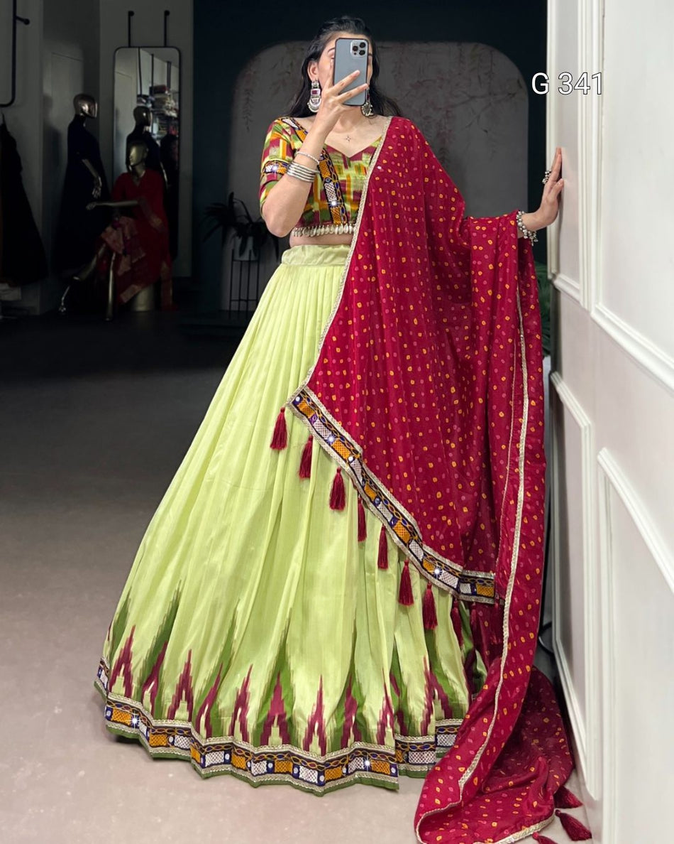 Elegant Tasar Silk Lehenga with Foil & Mirror Gamthi Work - G341