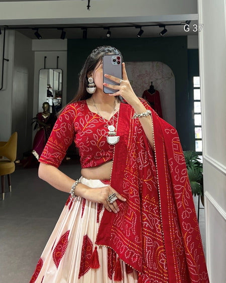 Person wearing a red and white traditional outfit with a matching dupatta in a room.