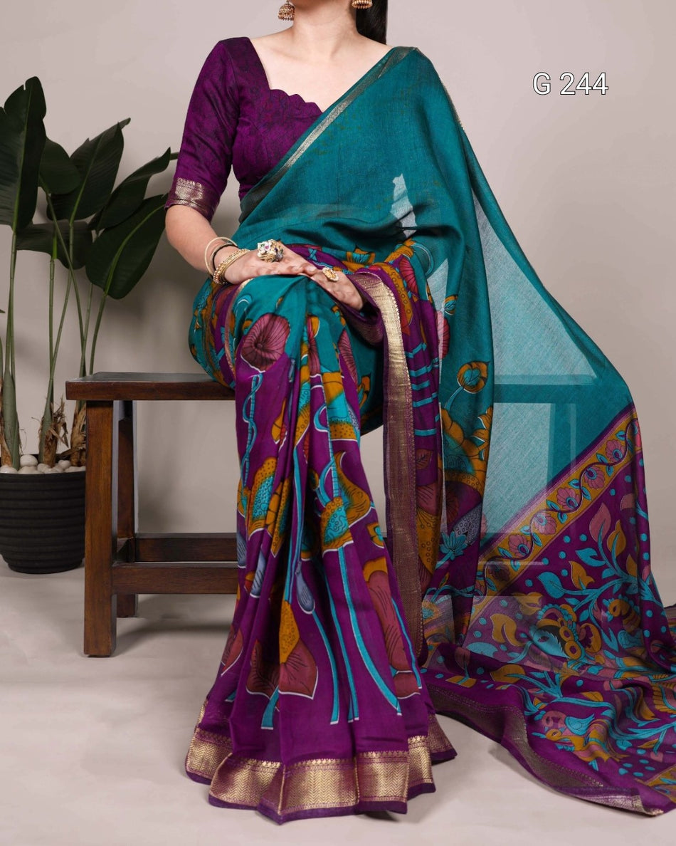 Traditional Floral Printed Polyester Viscose Chanderi Saree with Zari Weaving – G 244