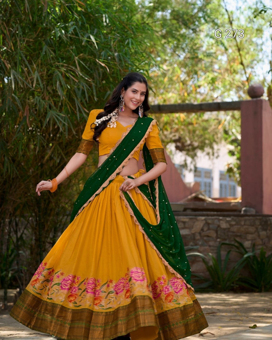 Thread Embroidery Cotton Silk Lehenga with Zari Weaving – G 273