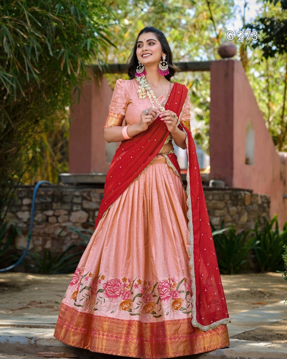 Thread Embroidery Cotton Silk Lehenga with Zari Weaving – G 273