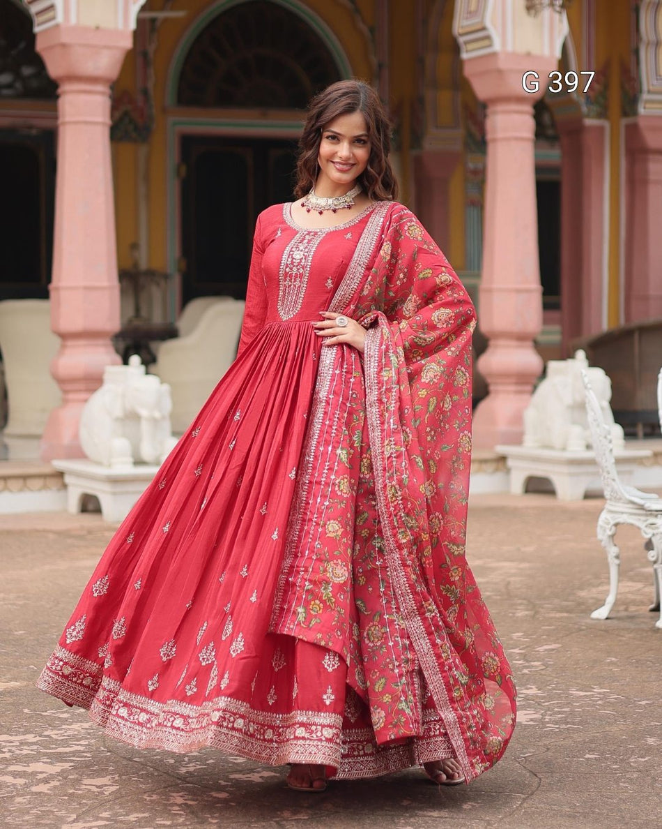 Chinon Gown with Sequins Embroidered Work and Kalamkari Dupatta – G 397