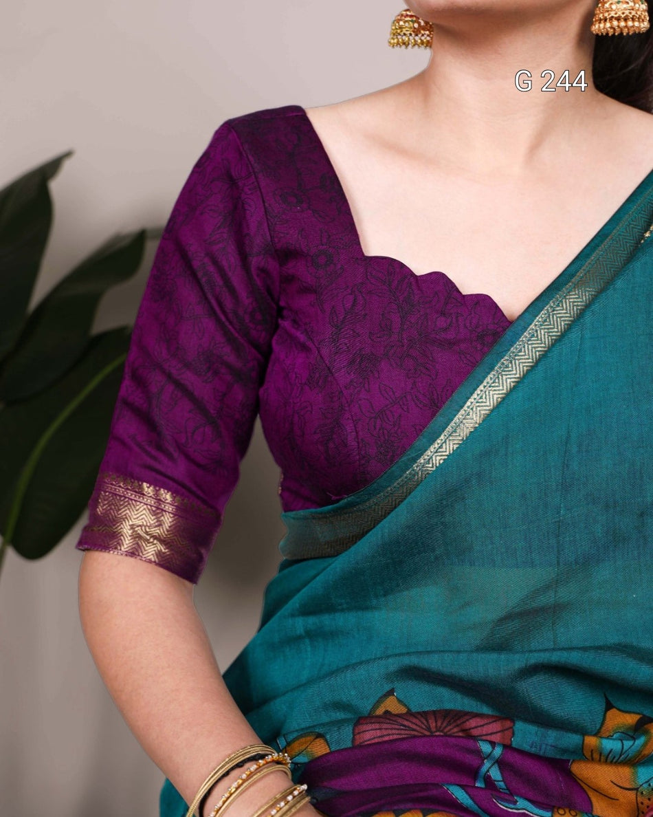 Traditional Floral Printed Polyester Viscose Chanderi Saree with Zari Weaving – G 244