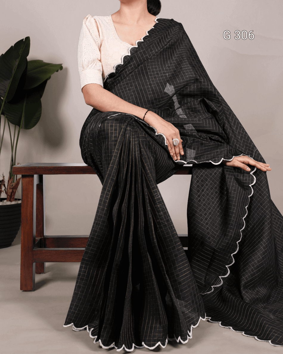 Black Gadhwal Chex Saree with Arca & Lucknowi Work – G 306