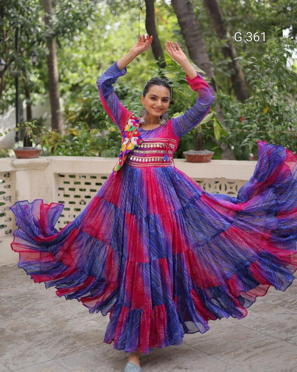 Faux Georgette Gown with Laheriya & Bandhej Print – G 361