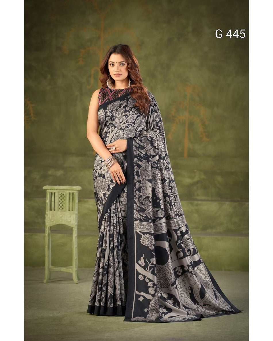 Kalamkari Print Tasar Sarees with Stylish Blouse - G 445