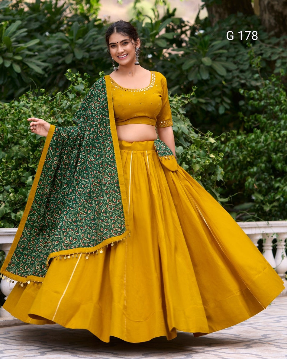 Pure Cotton Lehenga with Gota Patti Touch-Up & Real Mirror Work, Coin Lace Border Dupatta – G 178