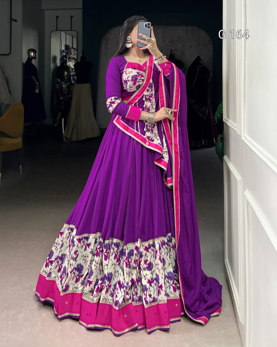 Purple Pure Rayon Lehenga with Original Mirror Hand Work & Lace Touch Up-G 164