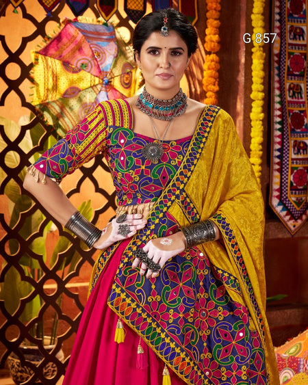 Woman in a colorful traditional outfit with a vibrant background
