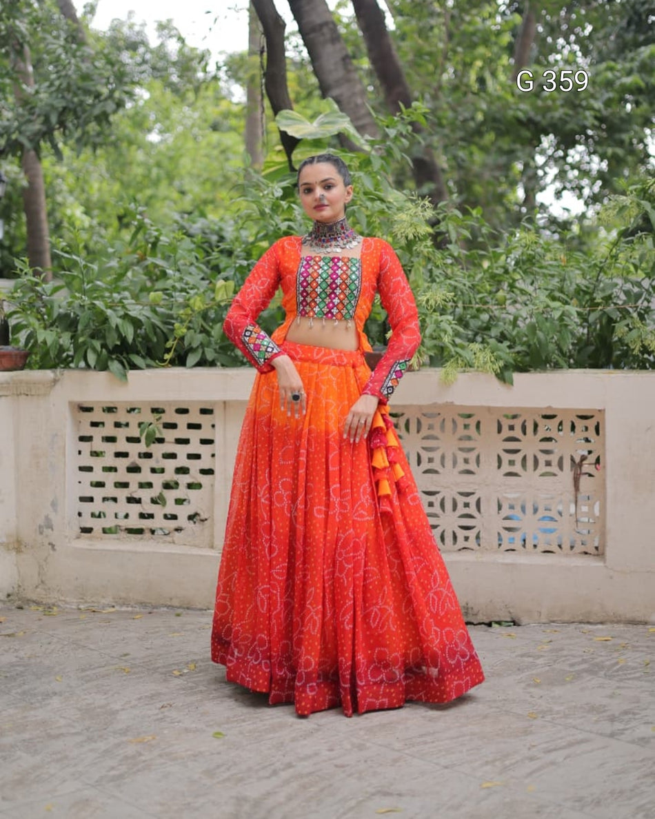Bandhani Print Lehenga with Kutchi Gamthi Patchwork – G359