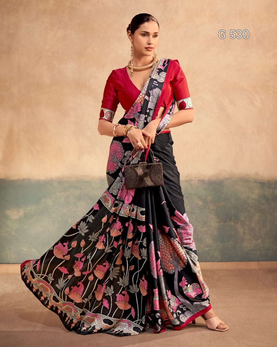 Stylish Kalamkari Satin Sarees with Timeless Appeal -  G 530