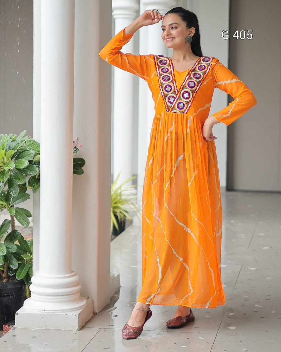 Faux Georgette Kurti with Leheriya Print & Kutchi Patchwork – G 405