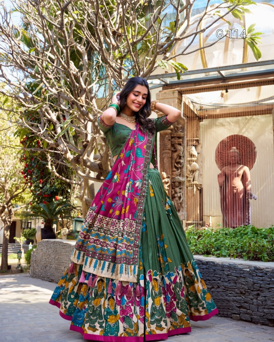 Tussar Silk Lehenga with Foil Work & Kalamkari Print Dupatta – 114