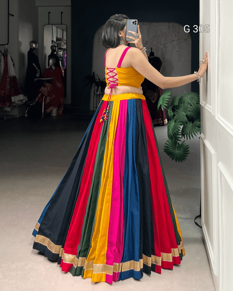 Multi-Coloured Pure Cotton Lehenga with Mirror & Lace Work – G 305