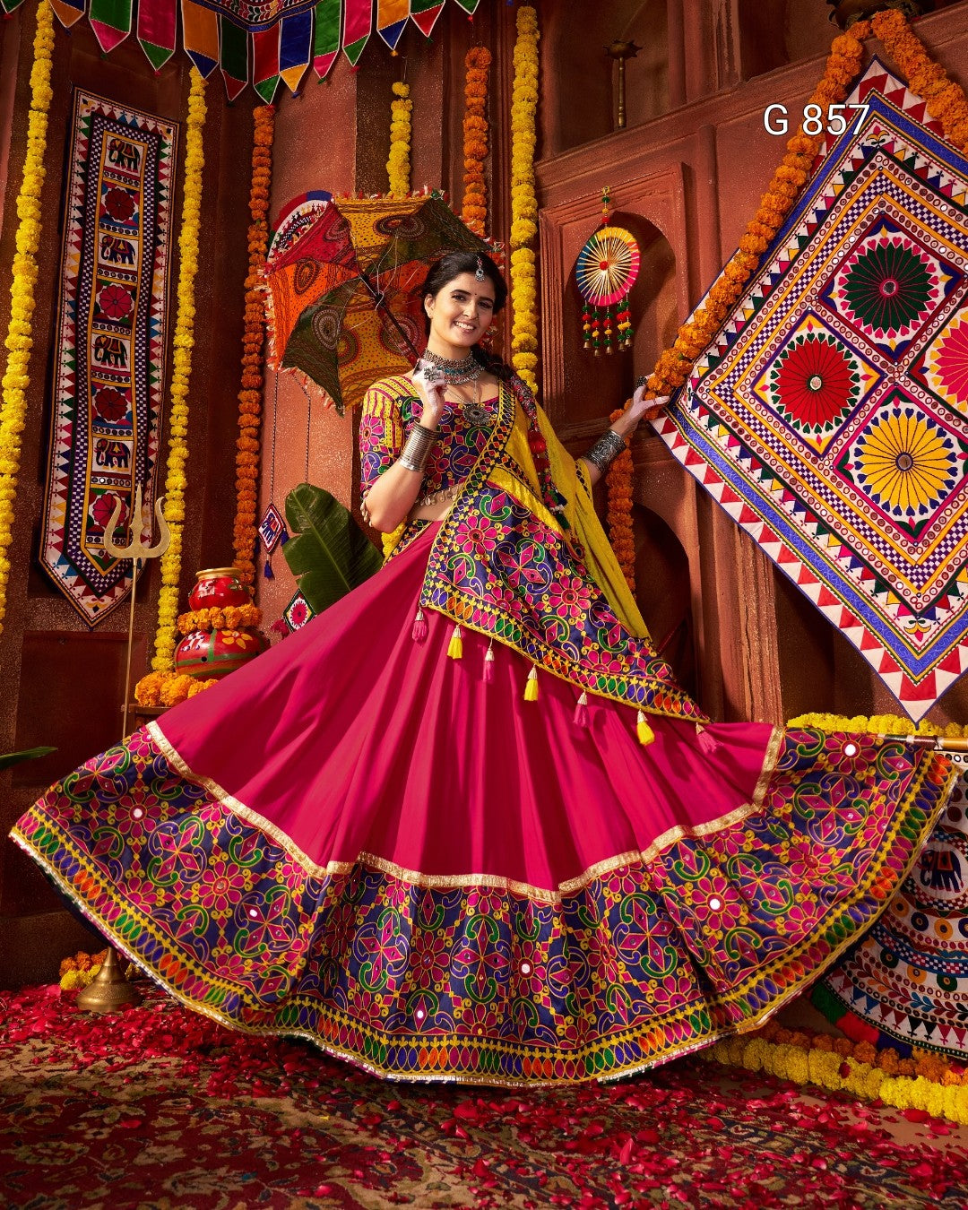 Woman in a colorful traditional outfit with a richly decorated background