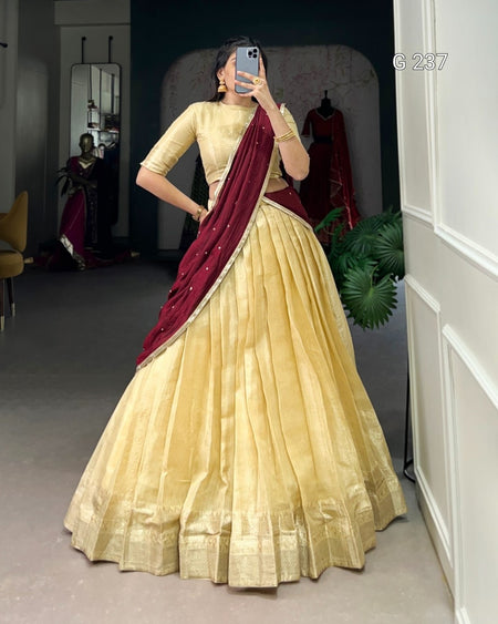 Woman wearing a traditional outfit with a red dupatta in a room.