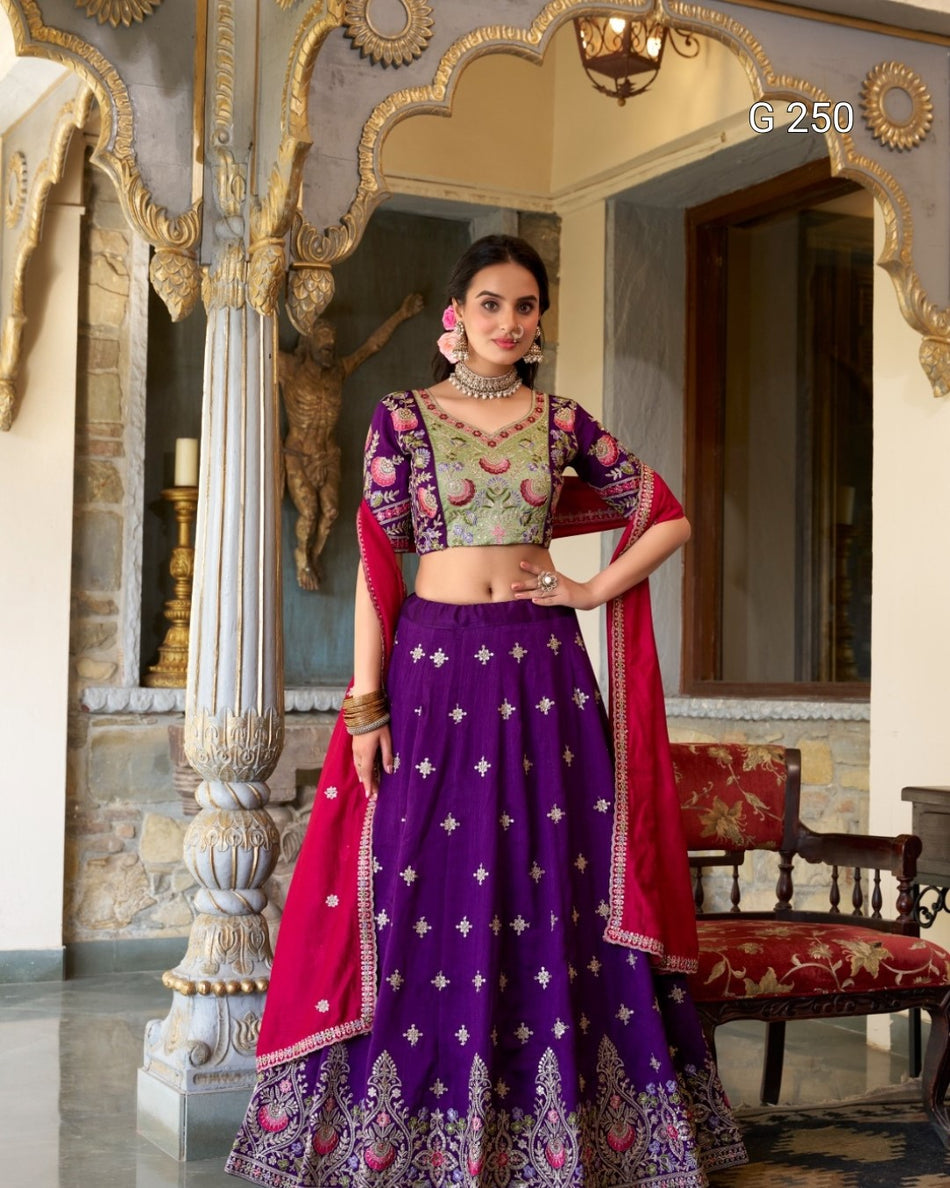 Sequins & Thread Embroidery Vichitra Silk Lehenga – G 250