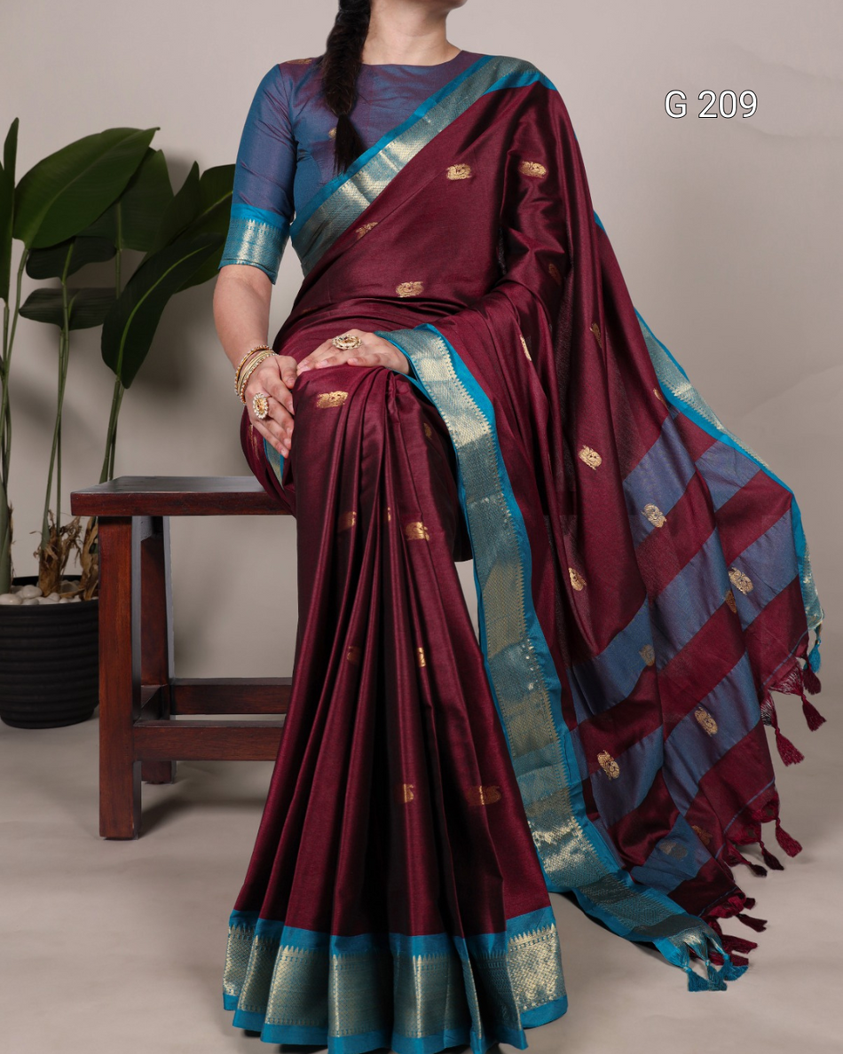 Maroon saree with blue border draped over a person, with a plant in the background.