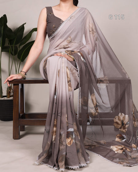 Woman wearing a floral saree with a plain background