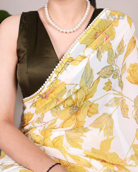 Woman wearing a floral dress with a pearl necklace against a neutral background