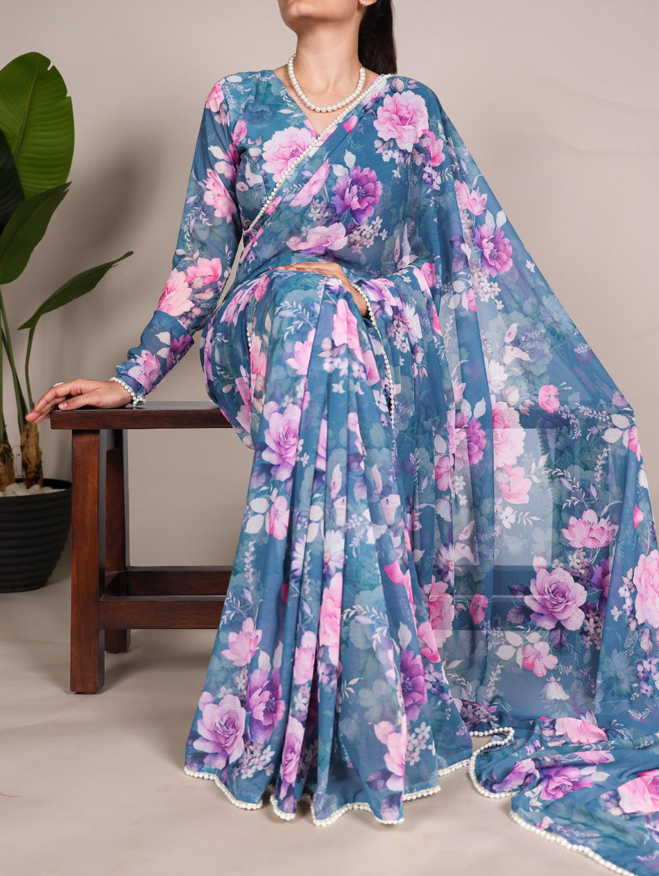 Weightless Marbal Saree with Printed Design & Pearl Lace Border – Blue