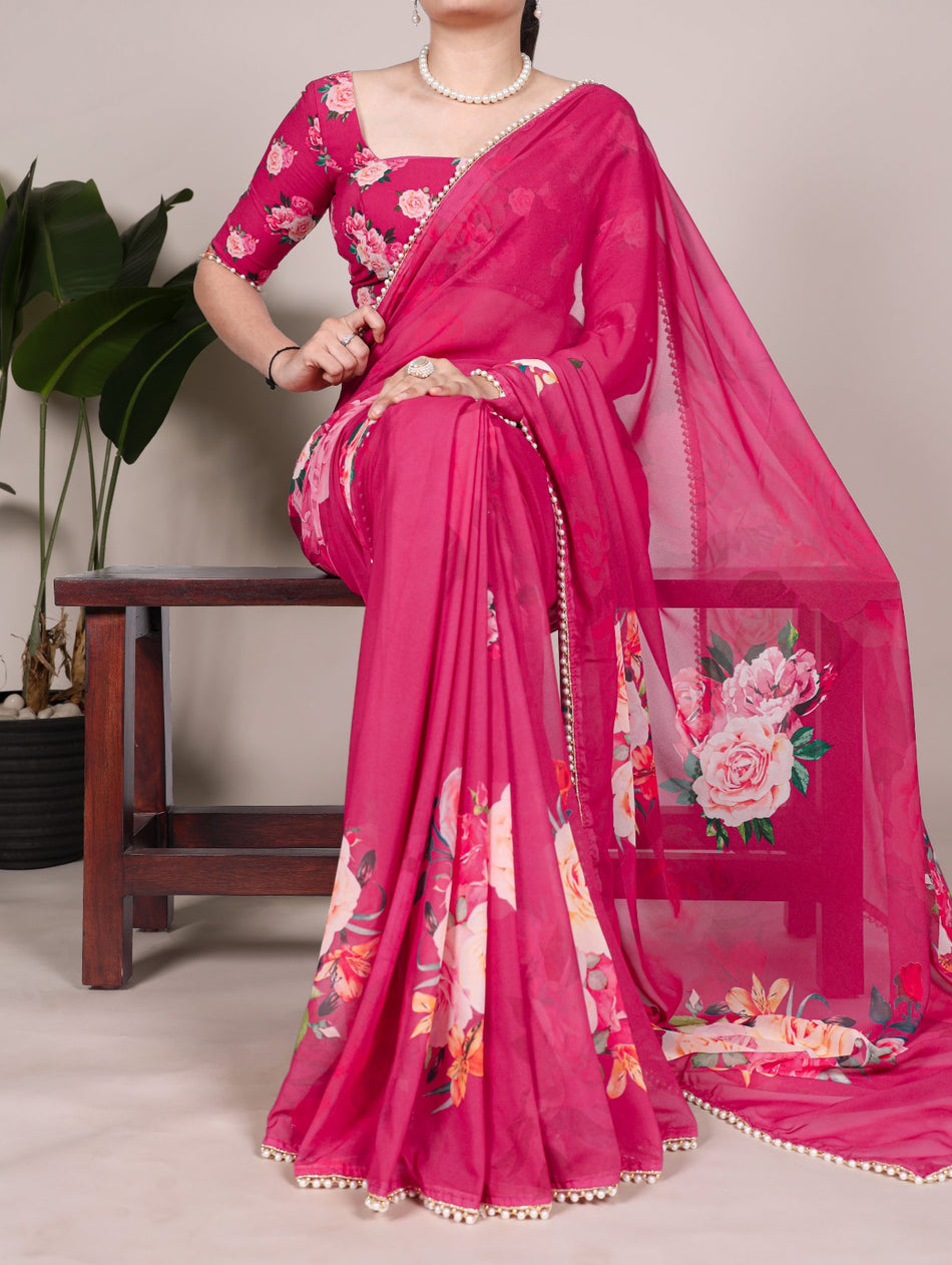 Georgette Saree with Printed Design & Pearl Lace Border – G 94 pink