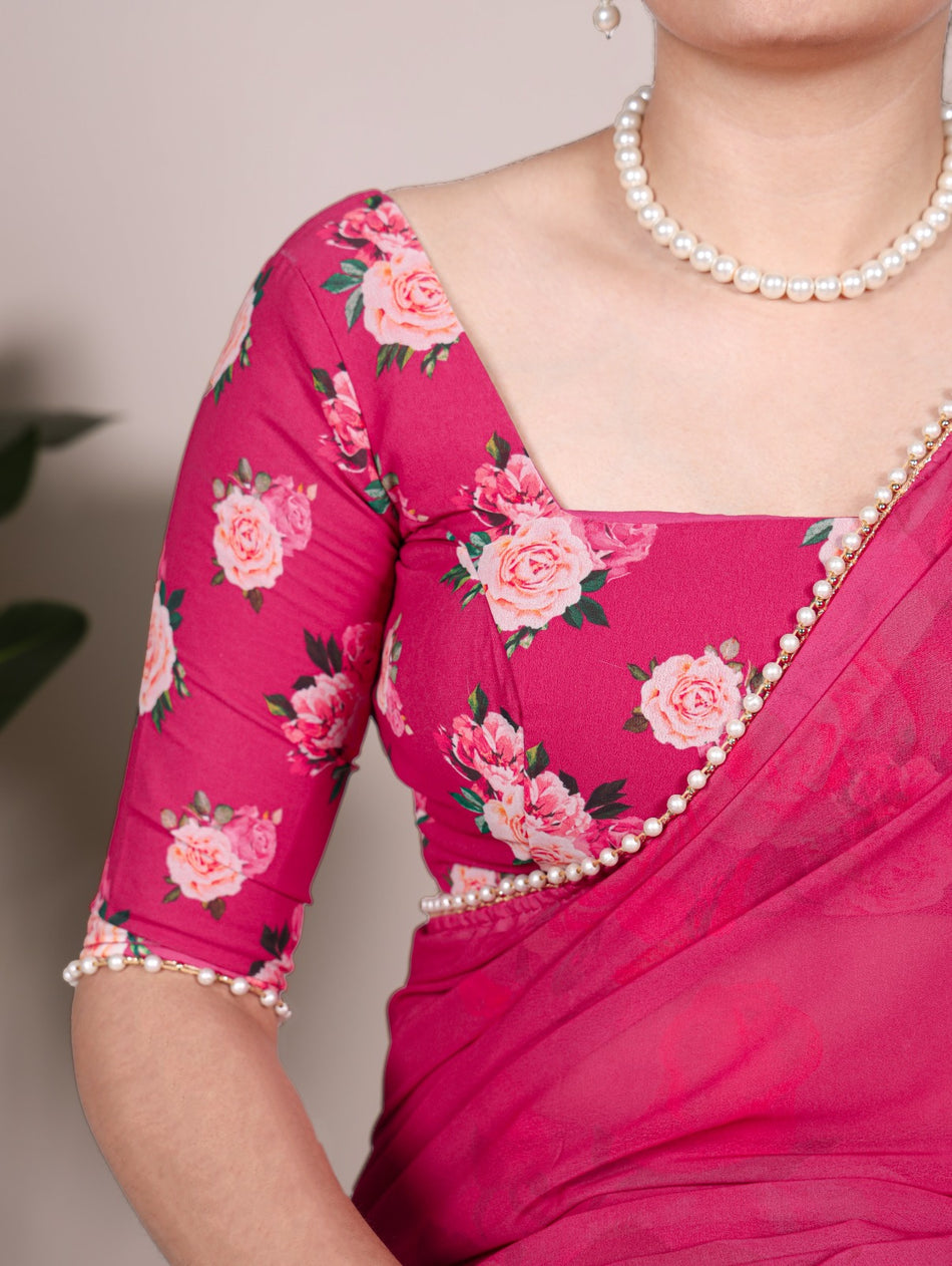 Georgette Saree with Printed Design & Pearl Lace Border – G 94 pink