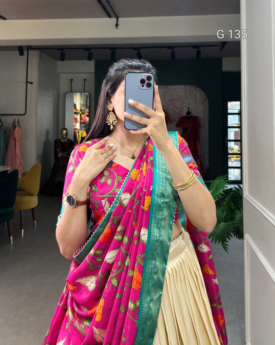 Dola Silk Kalamkari Printed Lehenga with Zari Weaving Border & Tassels – G 135