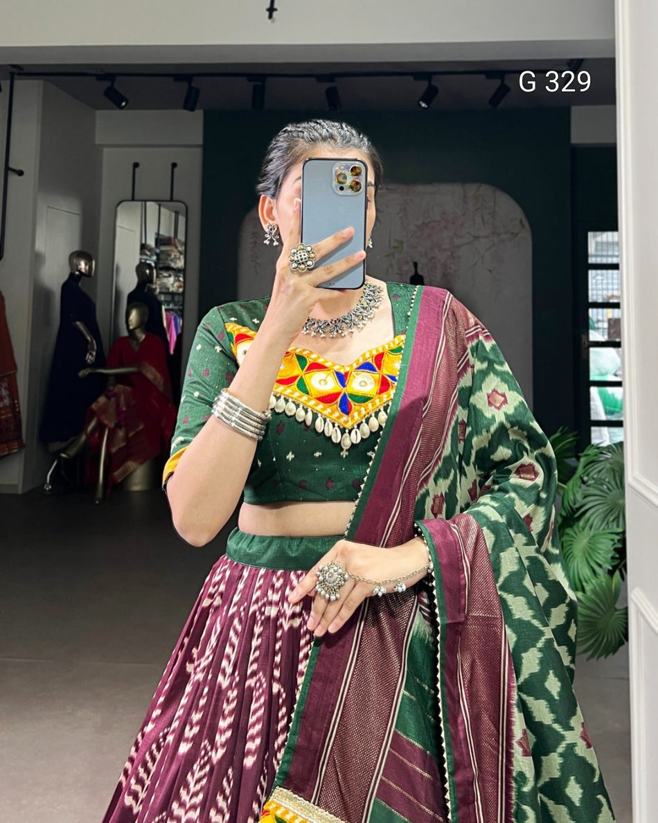 Tasar Silk Lehenga with Foil & Real Mirror Gamthi Work – G 329