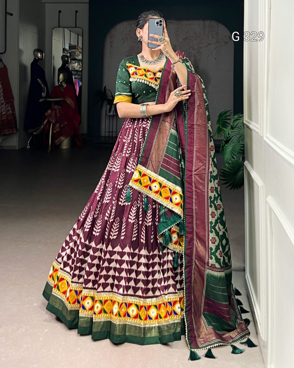 Tasar Silk Lehenga with Foil & Real Mirror Gamthi Work – G 329
