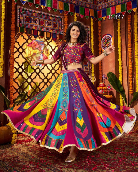 Woman in a colorful traditional outfit dancing in a decorated room.
