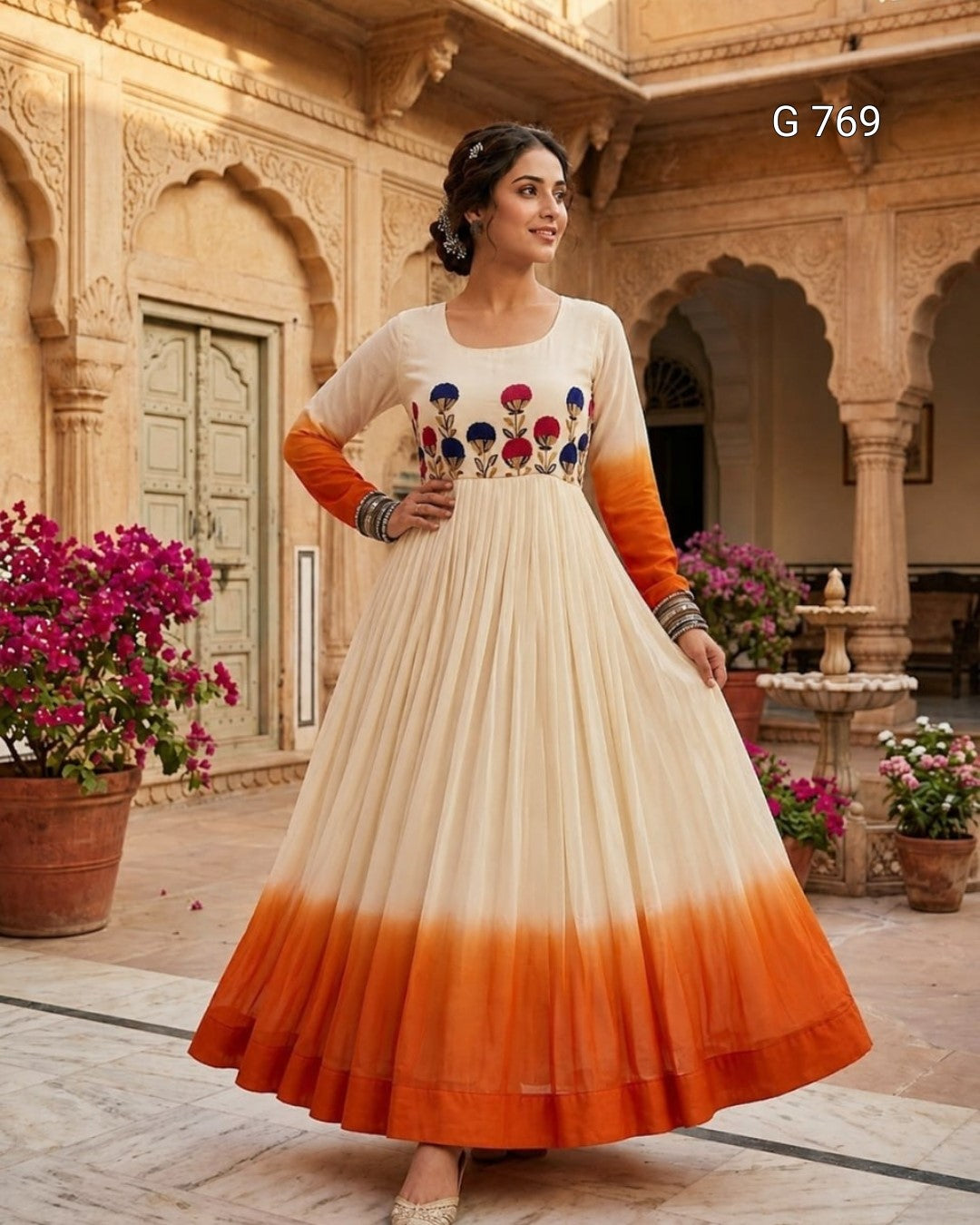 Woman wearing an embroidered dress with a traditional setting