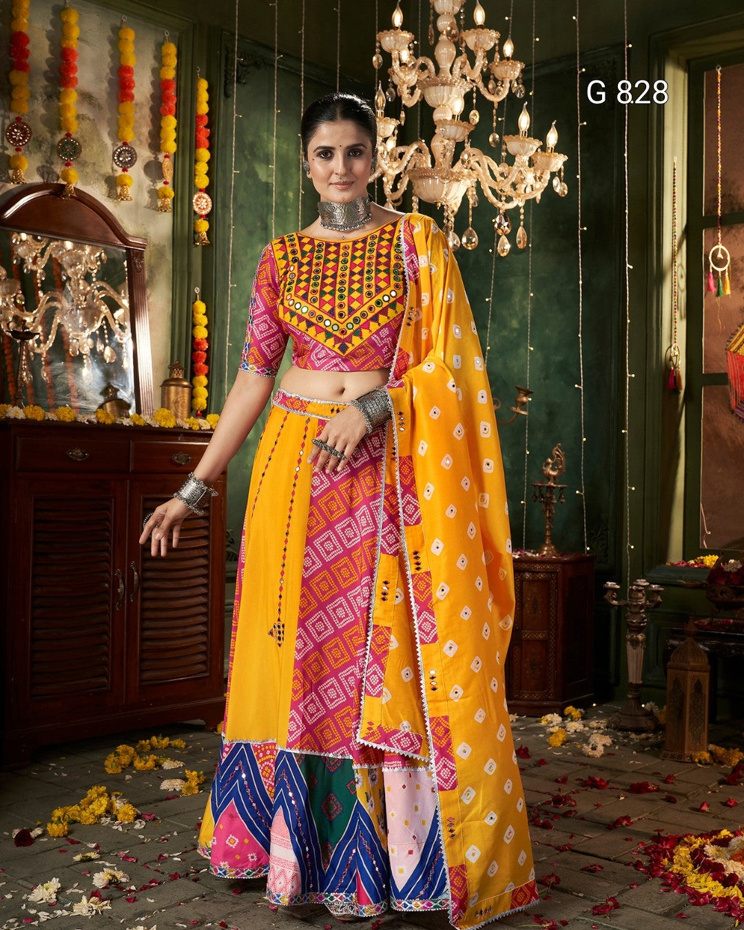 Woman in a colorful traditional outfit with a decorative background