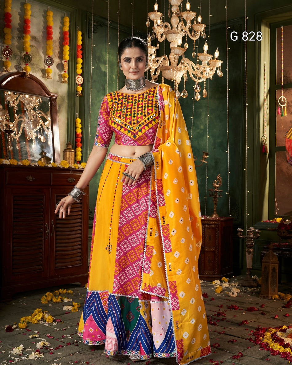 Woman in a colorful traditional outfit with a decorative background
